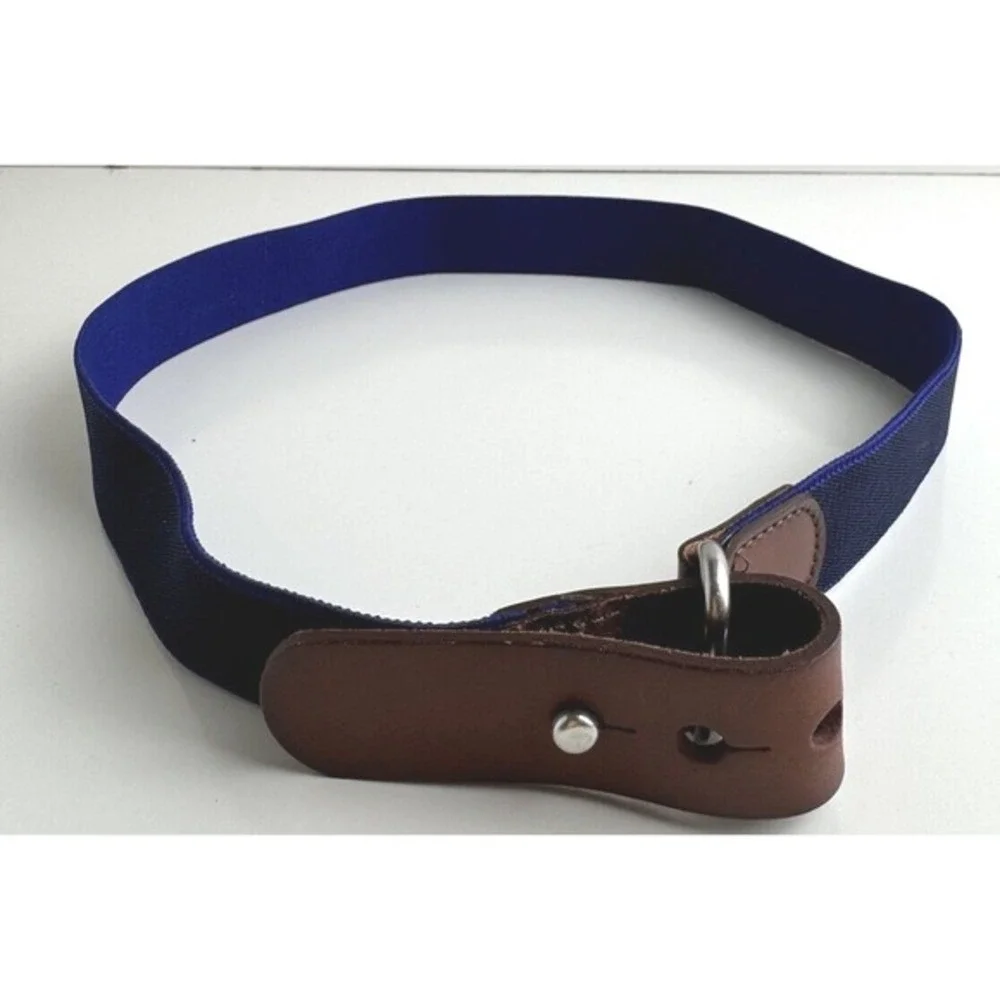 Navy Blue‎ Elastic Stretch Belt Brown Leather Tab Stud Closure Silver Ring 47-08